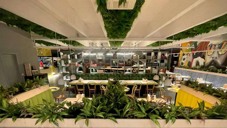 Vista interna del locale con tavoli, sedute colorate e numerose piante decorative che creano un ambiente accogliente