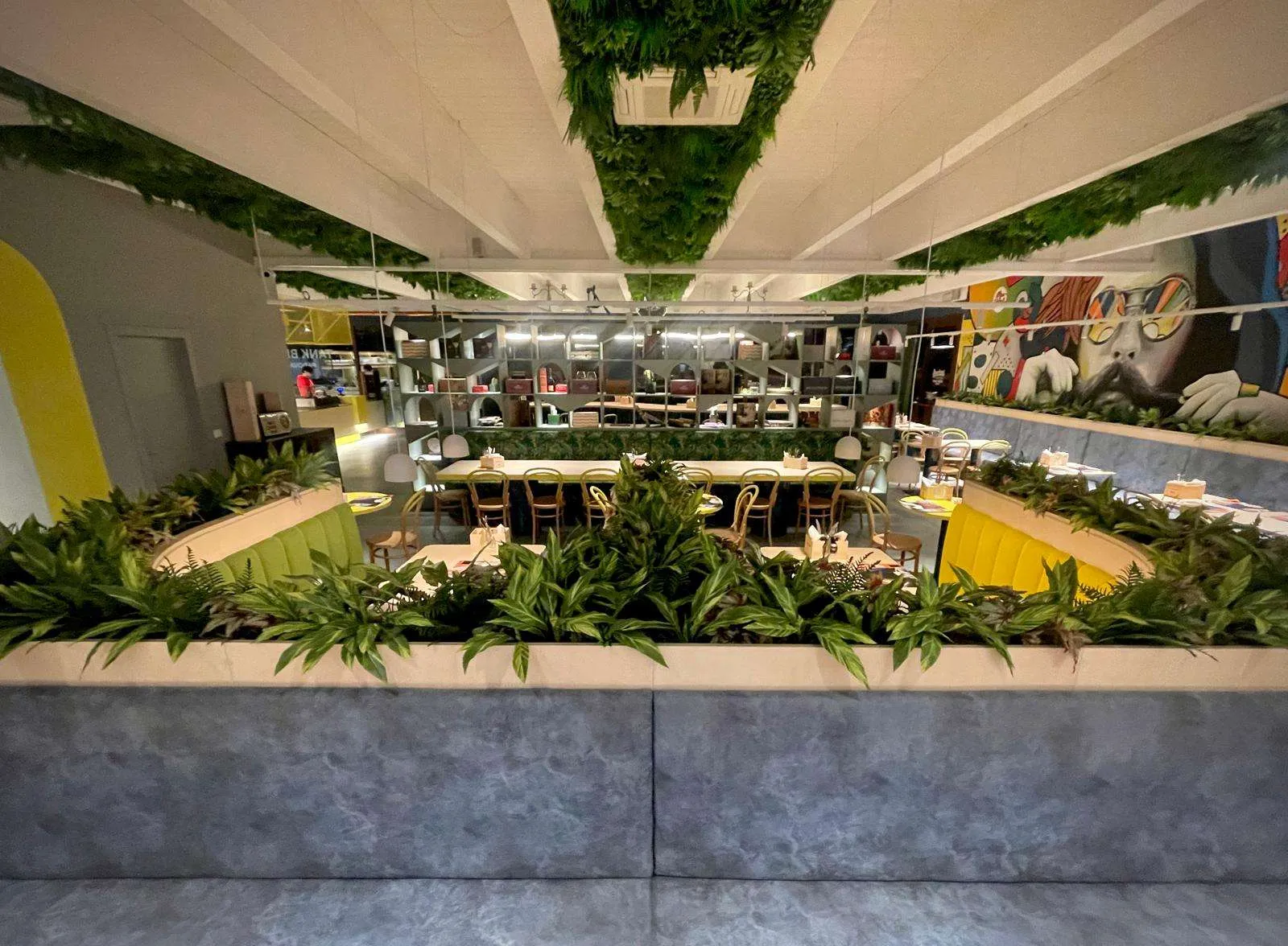 Vista interna del locale con tavoli, sedute colorate e numerose piante decorative che creano un ambiente accogliente